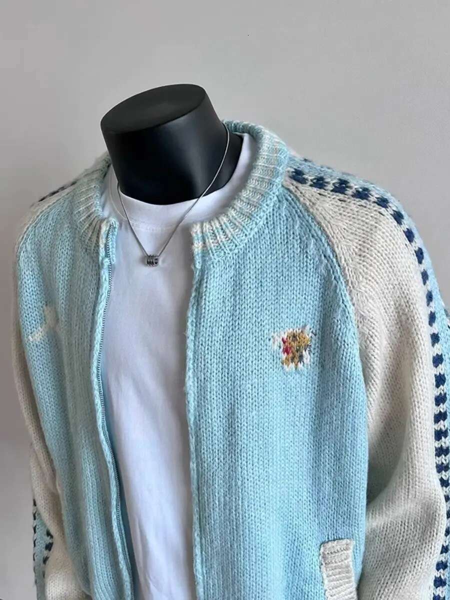 New Fashion Trend Design Knitted Wool Color-blocked Zipper Jacket Men's Winter Simple Casual Warm Couple Sweater Cardigan