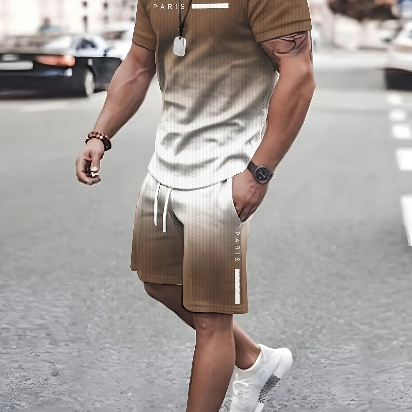 2 Piece Men Fashion Summer Resort Clothing Set Mens Gradient Printed Short Sleeve T-Shirt And Pocket Drawstring Shorts Set 250222