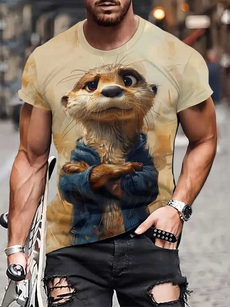 Interesting cartoon animal print mens fashionable short sleeved Harajuku street fashionable comfortable breathable mens T-shirt W250224