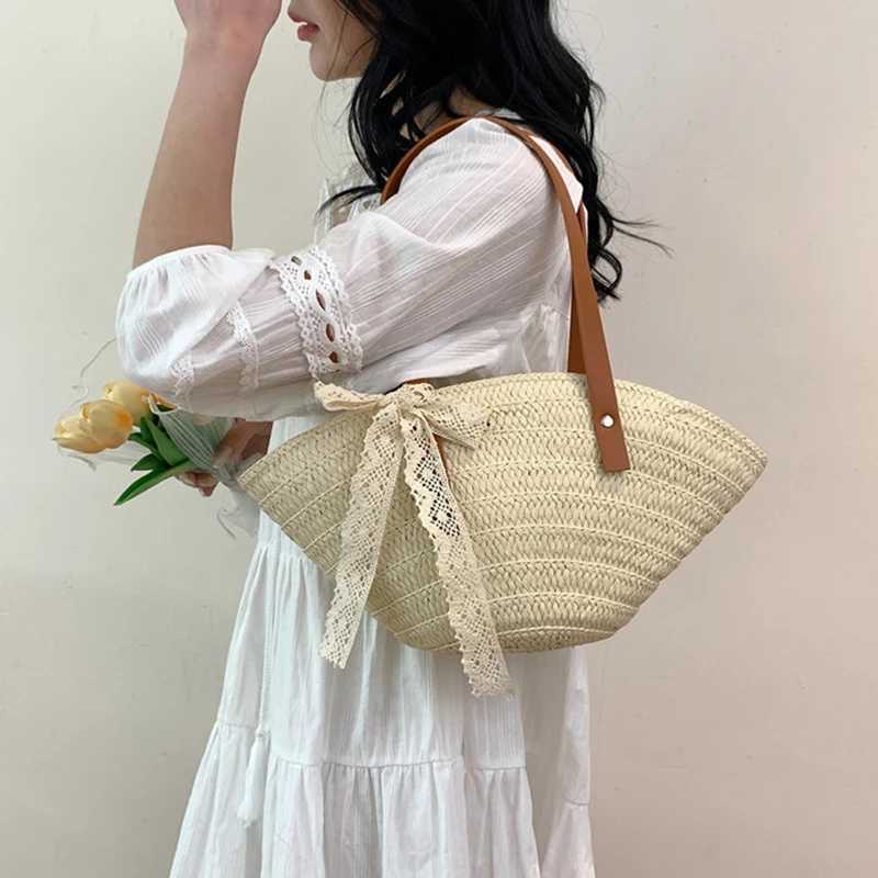 Weave Tote Bag Large Capacity Summer Beach Straw Ribbon Handbag Purse Female Bohemian Shoulder Bag for Women Ladies Travel Bag