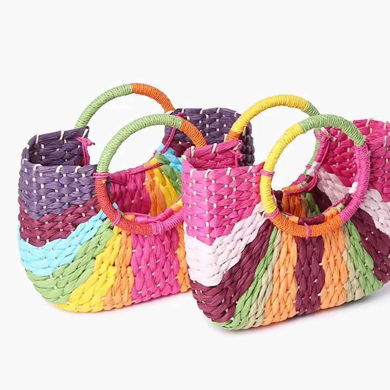 New Color Contrast Color Moon Woven Straw Bag Handbag Large-Capacity Bohemian Vacation Photo Bag