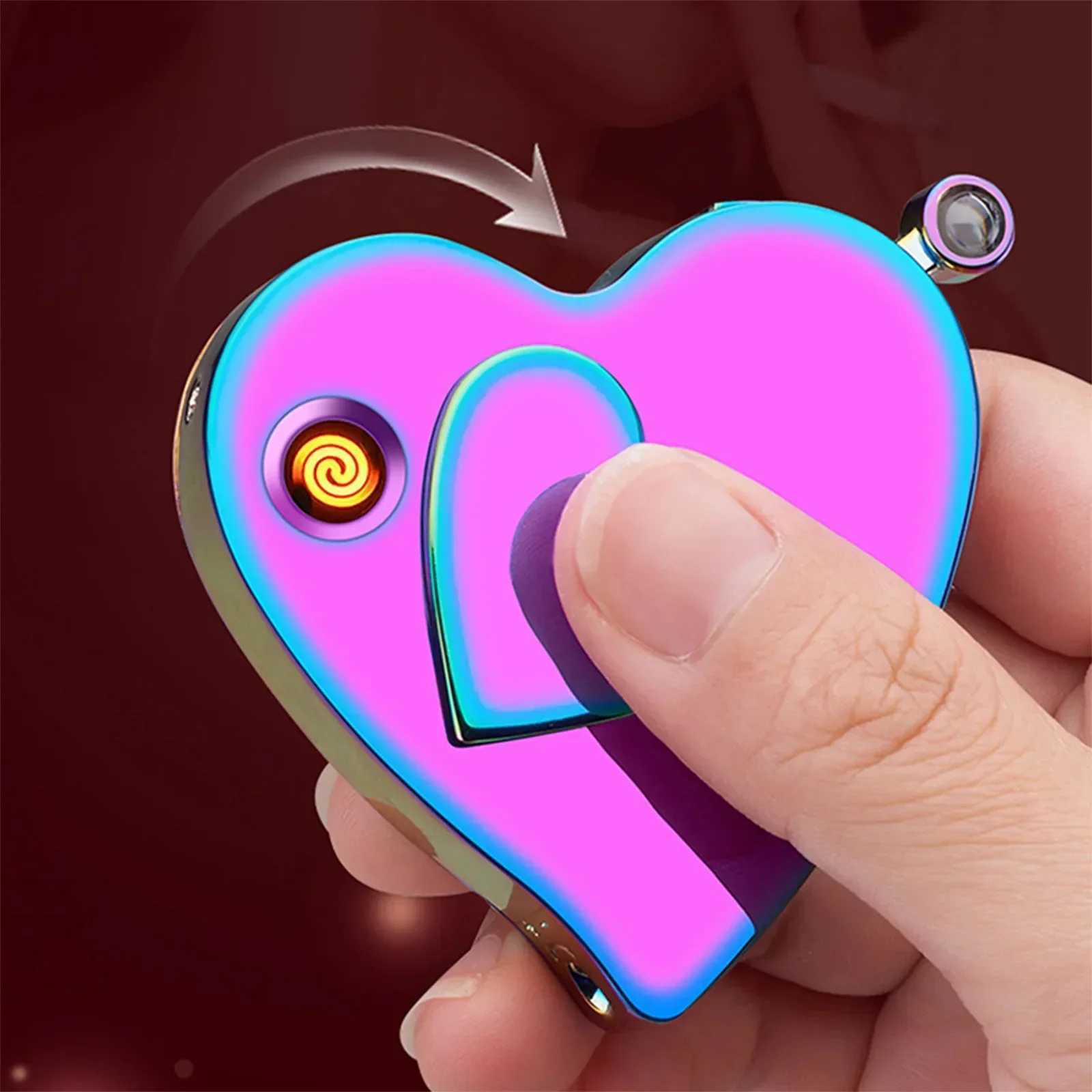 Heart Lighter Windproof Creative Personalized Gift Red Flame Torch Lighter Love Gas and Electric Dual-use Lighters Cute GiftT250224