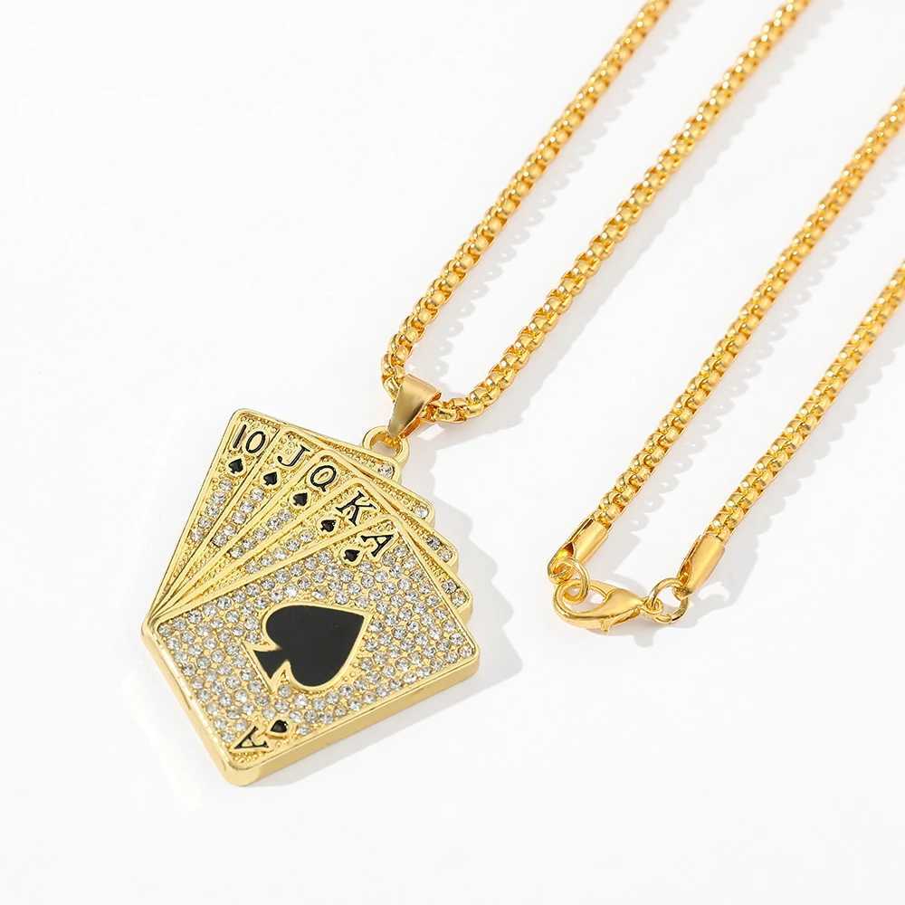 Mens Statement Fl Rhinestone Lucky Ace of Spades Pendant Necklace Gold Color Jewelry Fortune Playing Cards X250224