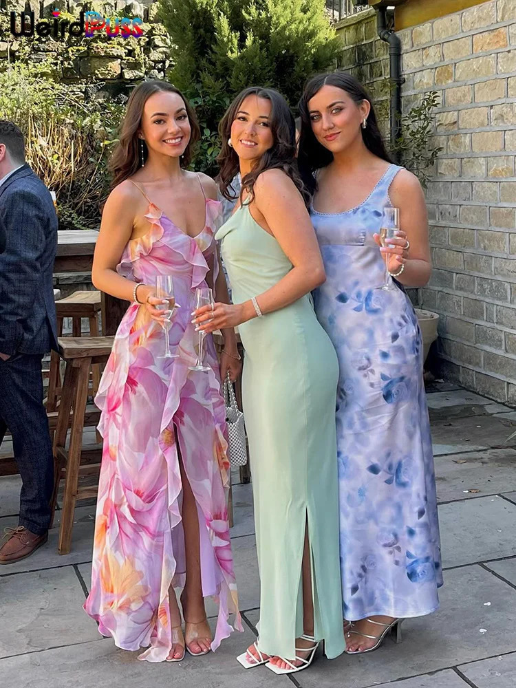 Weird Puss Flower Print Dress Woman Summer Strapless Splits Irregular Tassel Patchwork Backless Bandage Party Skinny Vestidos 250222