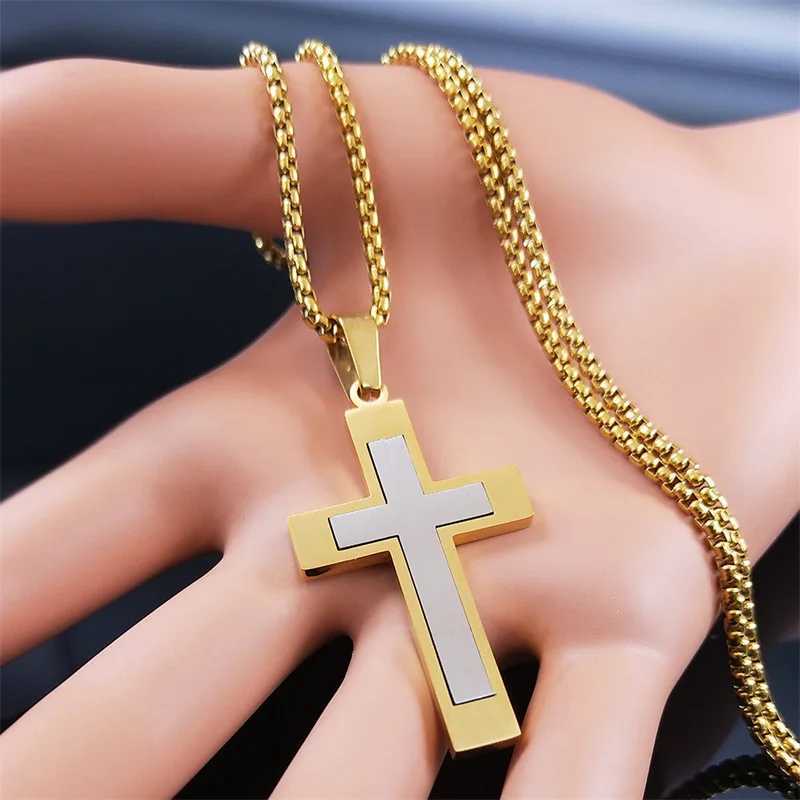 HNSP Stainless Steel Cross Pendant Chain Necklace For Men Christ Jesus Jewelry Catholic Crucifixes Rosaries Accessories X250224