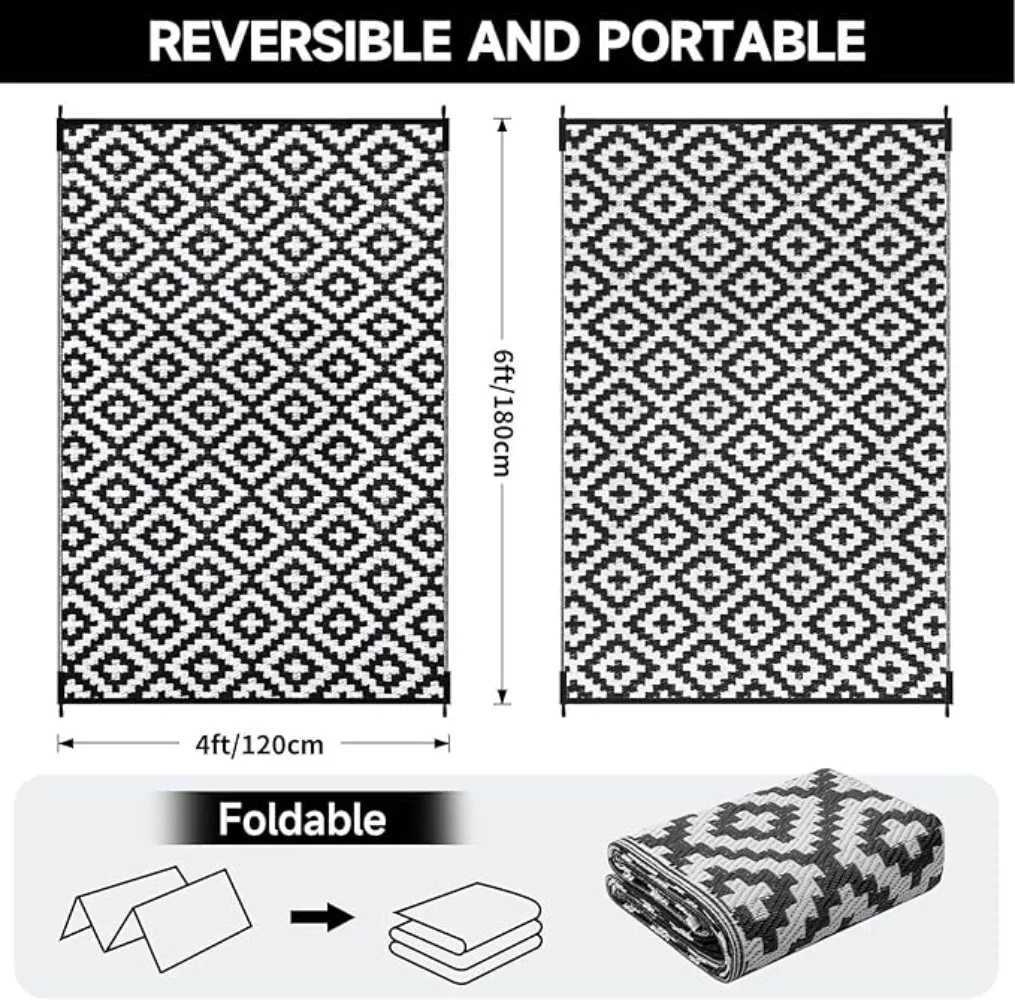 MiRcle Sweet Waterproof Outdoor Rug 4X6 ft Rrsible Black White Plastic Straw Patio Carpet for Camping 120X180cm Floor Mat Z250222