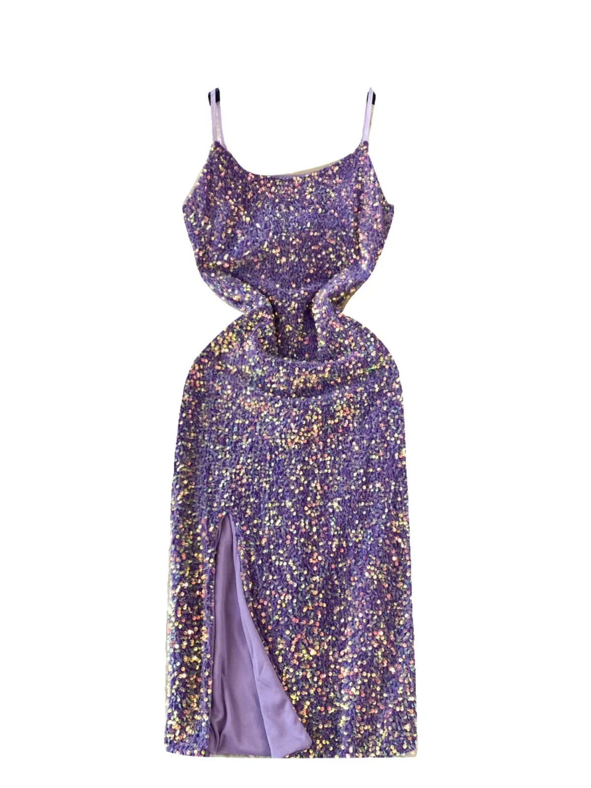 Women Sexy Long Midi Dress Purple Sequins Split Suspender Slim Fit Bodycon Party Club 250222