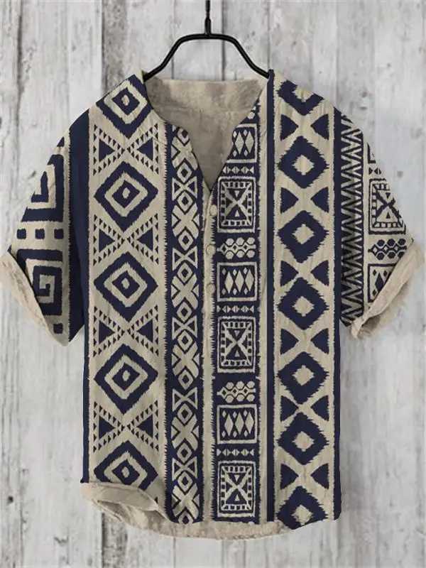 Mens short sleeved shirt retro high-quality linen fabric Chinese style trendy mens outfit button up top V-neckT250224