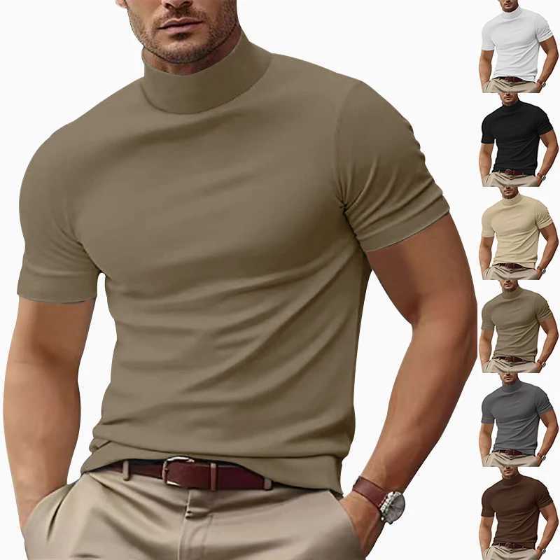 Cross-border summer new mens casual T-shirt fashion semi-high neck slim-fit solid color base trend W250224
