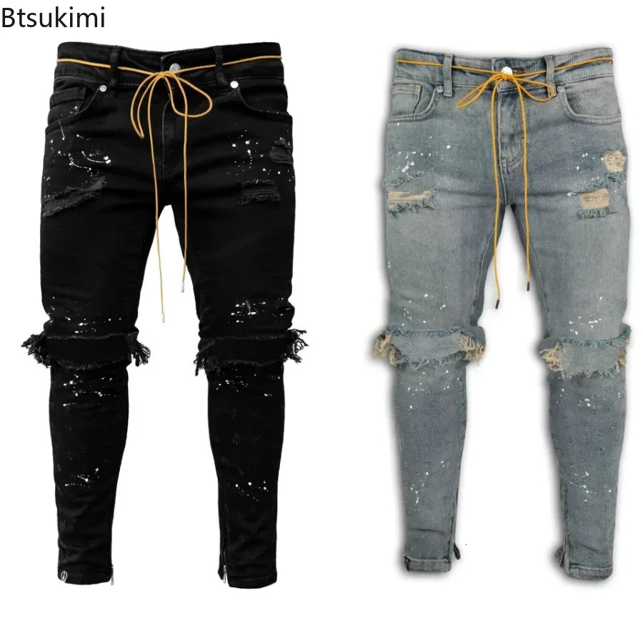 ripped hole jeans mens hip-hop cargo pants Distressed denim jeans tight fitting mens clothing full-length ultra-thin mens clothing 250219