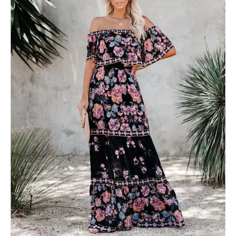 SpringSummer Women Retro Fashion One Shoulder Red Flower Printed Waist Collection Long Style Large Swing Casual Dress 250222