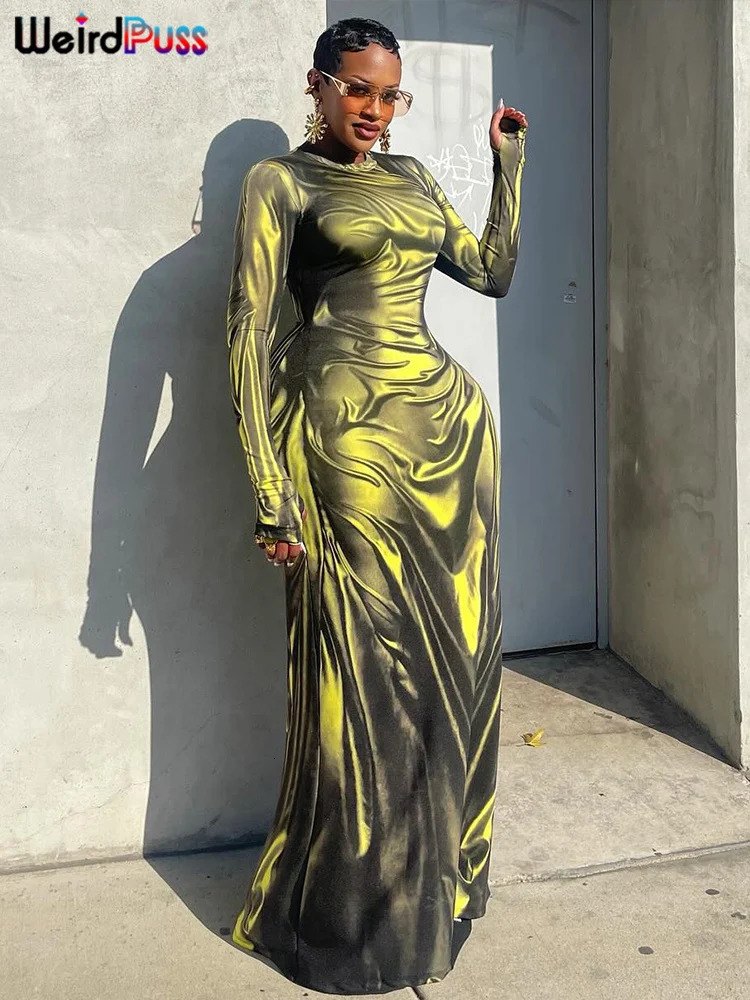 Weird Puss Sexy Light Print Dress Women Fashion Fall Simple oNeck Long Sleeve Street Skinny Stretch Maxi Bodycon 250222