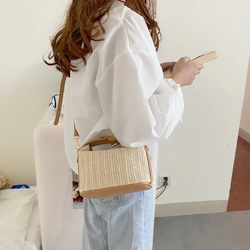 Summer Bag Small Woven Bucket Crossbody Straw Handbag Trendy Shoulder Casual Seaside Beach Gilrs Handle Tote 250221
