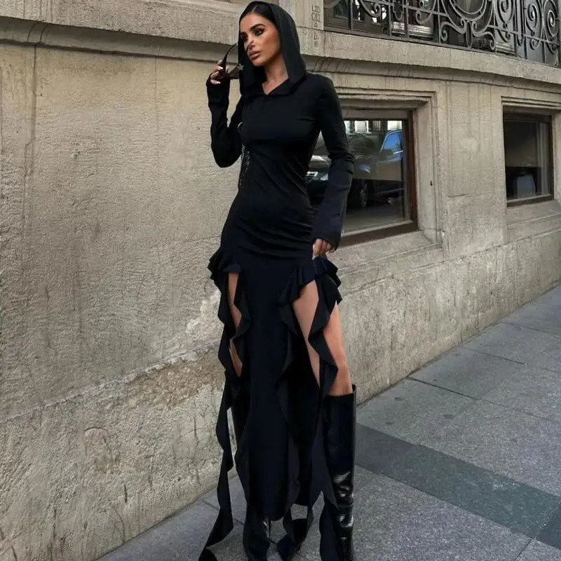 Sexy Winter Long Sleeve Black Maxi Ruffles Dress Outfits Women Y2K Streetwear Hooded Bodycon Irregular Split Dresses Vestido 250222