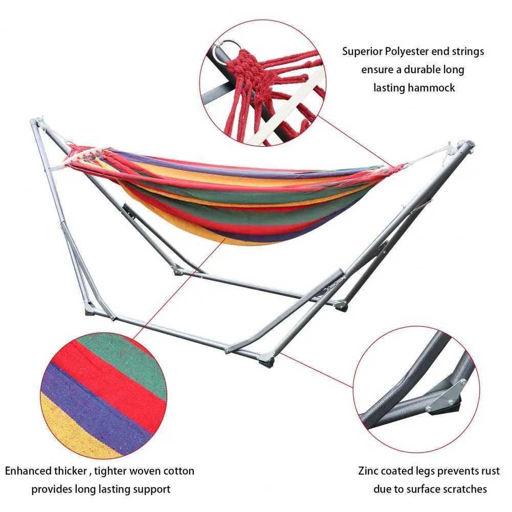 Double Hammock Striped Print Adjustable Height Indoor Hammock With Stand Strong A-Shaped Construction Load-Bearing Hammock Swing X250224