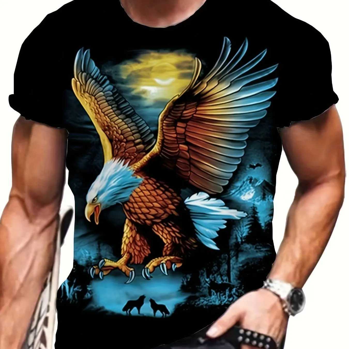 Mens plus size 3D eagle animal pattern printed T-shirt fashionable short sleeved summer top mens clothing W250224