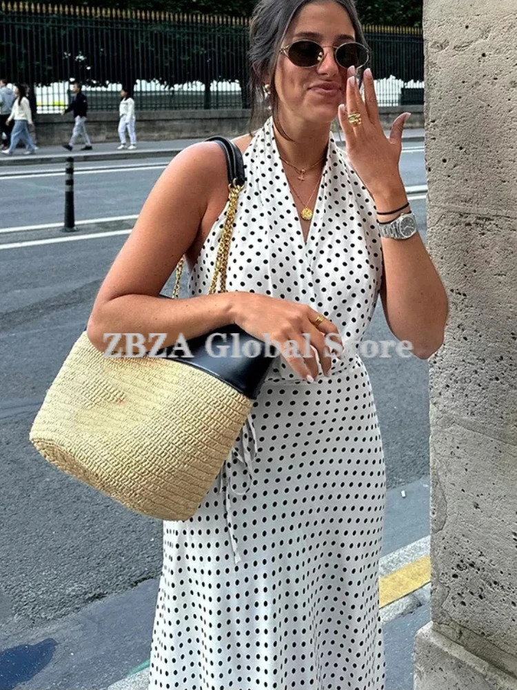 Womens Polka Dot Halter Dress Crossover Halterneck Exposed Shoulders Midi Flared Hem Ties Backless Female 250222