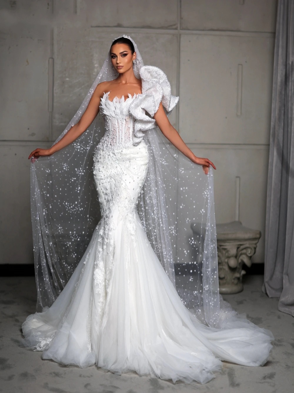 Mermaid Wedding Dress One Shoulder Sleeveless Bridal Gowns Pearls Sequins Sweep Train Dresses Custom Made vestidos de novia