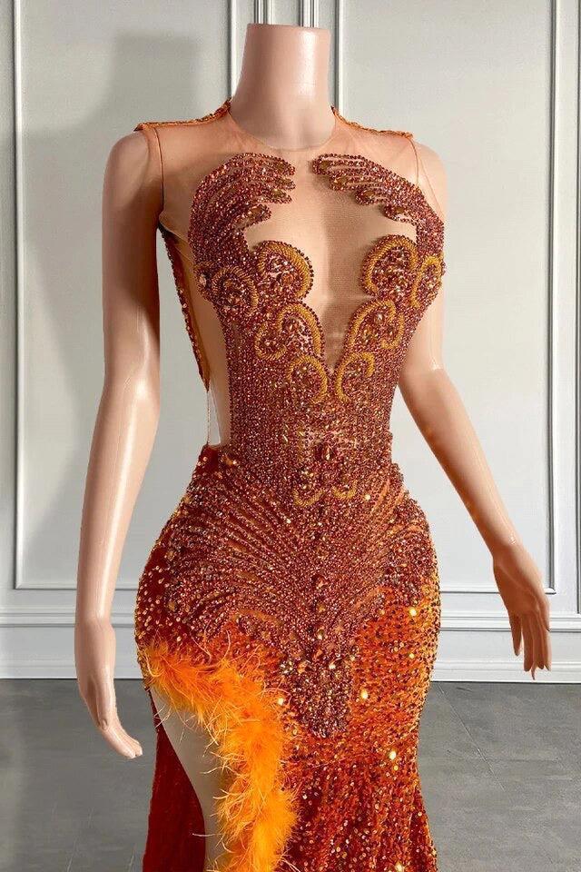 Sexy Orange Prom Dresses For Black Girls Sequin Beading Feathers African Women Pageant Party Gowns Bc18623 D0302 D0330