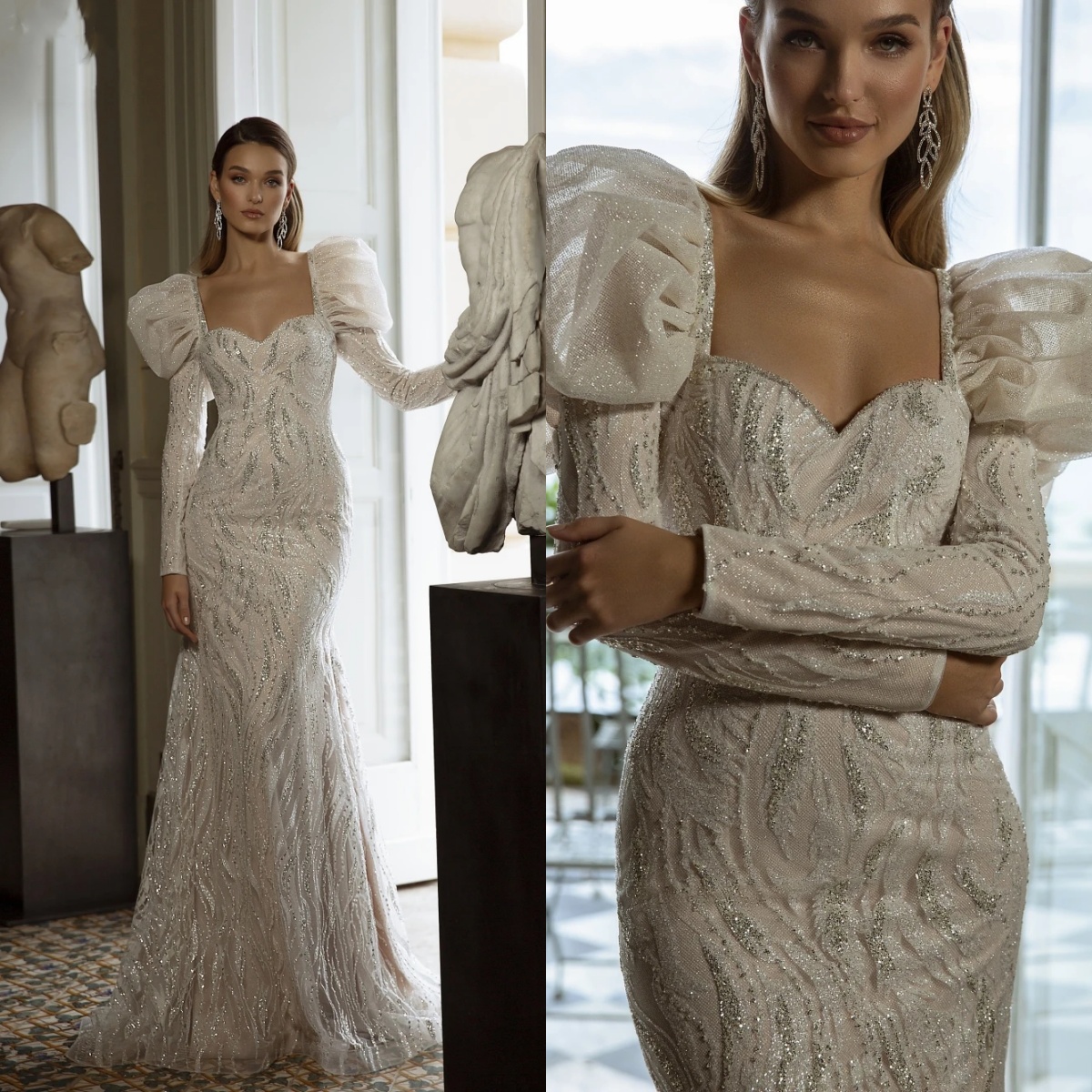 Mermaid Wedding Dress Sweetheart Neck Long Sleeves Bridal Gowns Sequins Detachable Train Dresses Custom Made vestidos de novia