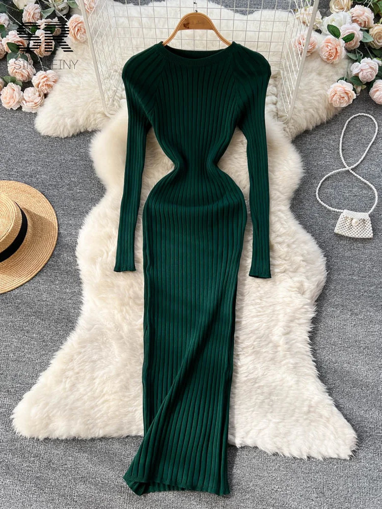 SINGREINY Winter Women Knit Maxi Dress O Neck Autumn Long Sleeve Slim Solid Harajuku Ladies Fashion Pencil Sweater Dresses 250222
