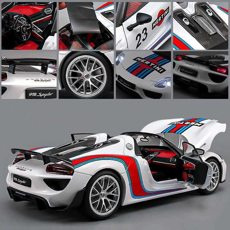 1 18 918 Spyder Martini Alloy Sports Car Model Diecasts Metal Toy Racing Car Vehicles Model Simulation Sound and Light Kids Gift Z250224