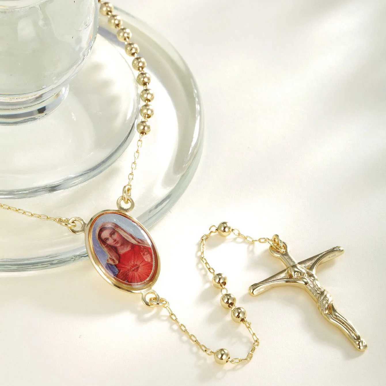 XP Jewelry --- 50 cm Mary Jesus Cross Beads Pendant Necklaces for Wen Men Light Gold Plated 14 k Jewelry Nickel X250224