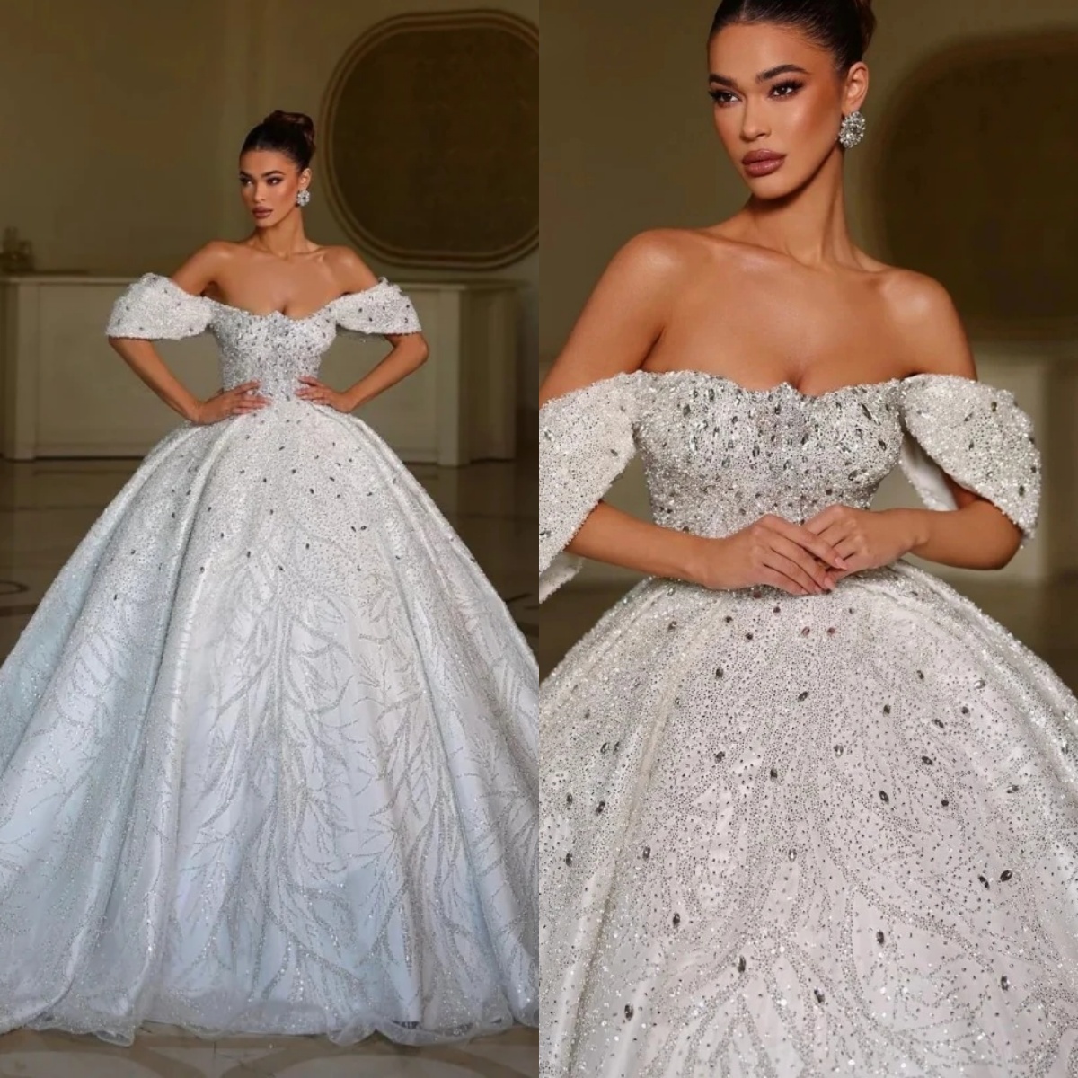 Exquisite Ball Gown Wedding Dress For Women Off Shoulder Sleeveless Bridal Gowns Crystal Sequins Sweep Train Dresses Custom Made vestidos de novia