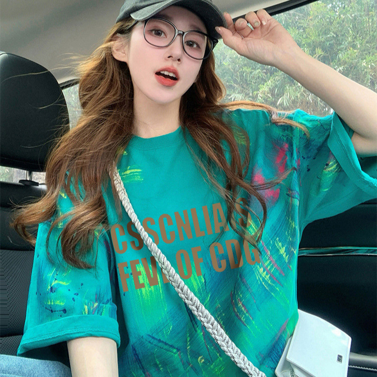 Minimalist style western-style letter graffiti pure cotton medium to long length t-shirt womens high-end colorful tie dye loose fitting meat cover top