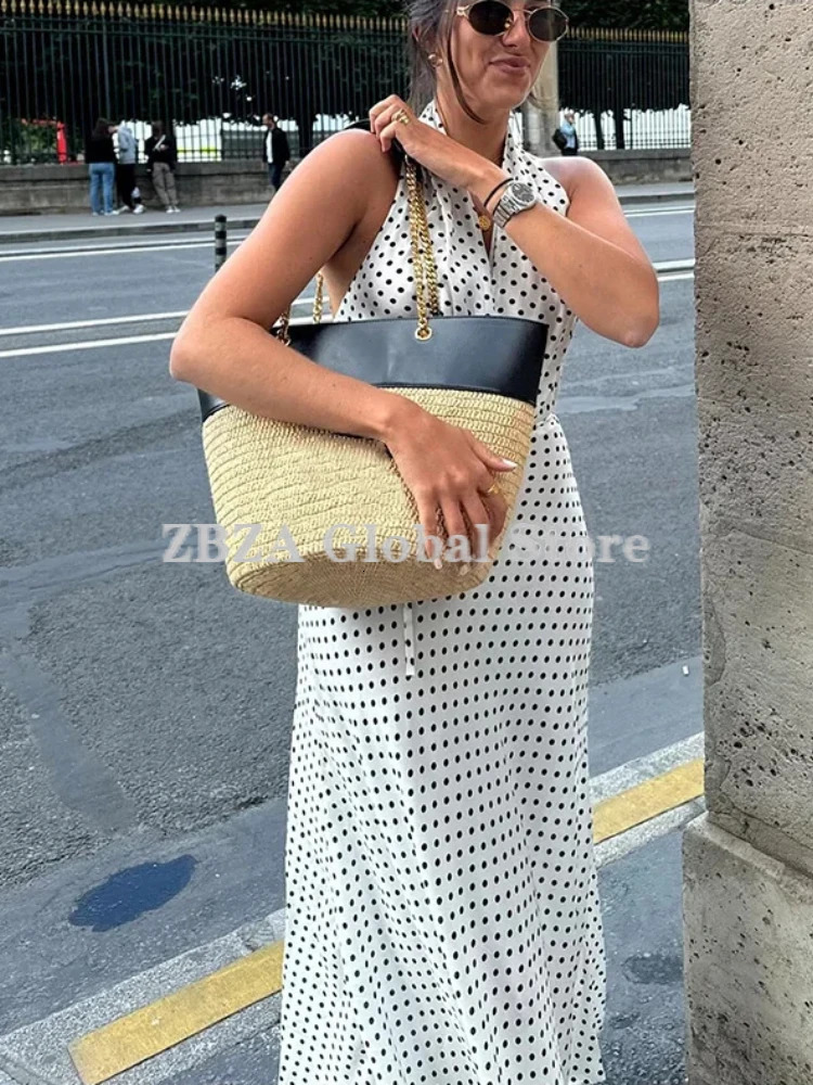 Womens Polka Dot Halter Dress Crossover Halterneck Exposed Shoulders Midi Flared Hem Ties Backless Female 250222