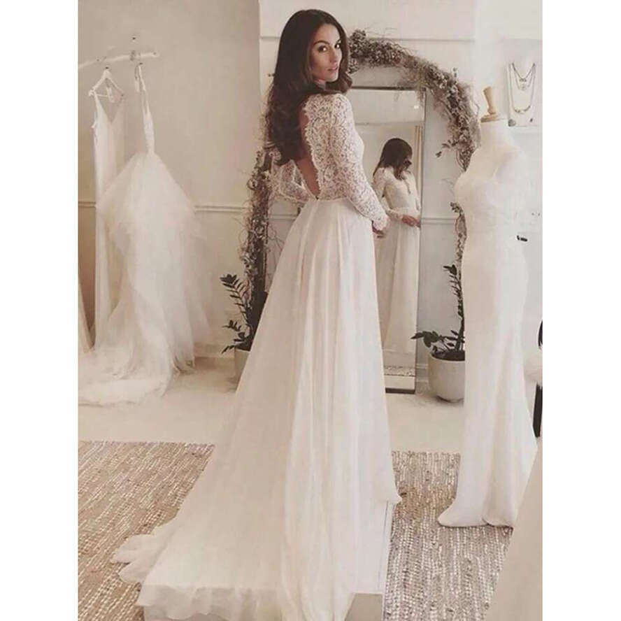 Boho 2024 Long Sleeve Lace Appliques Chiffon Wedding Gown Summer Beach Bride Dress Robe Mariage