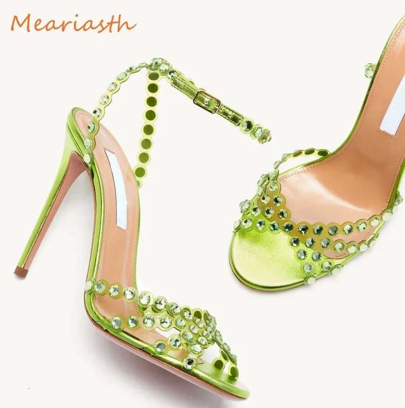 Sexy Peep Toe Rhie PVC Crystal Sandals Women Summer Stilettos High Heels Ankle Strap Dia 2022 New Big Size Party Shoes