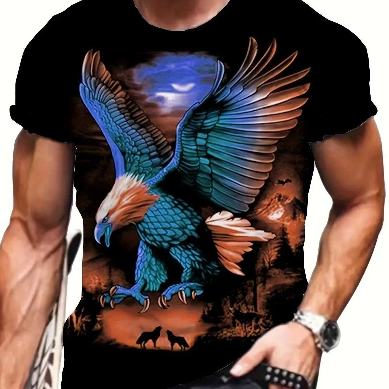 Mens plus size 3D eagle animal pattern printed T-shirt fashionable short sleeved summer top mens clothing W250224
