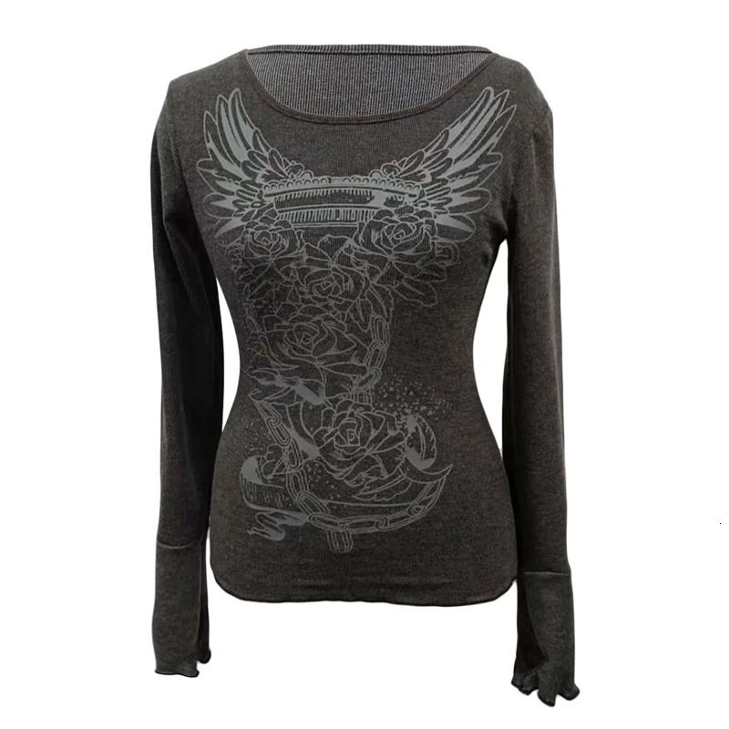 Xingqing 2000s Graphic T Shirt Vintage Fairy Grunge Floral Wings Print Long Sleeve Tops y2k Women Clothes Basic Harajuku Tee 250224