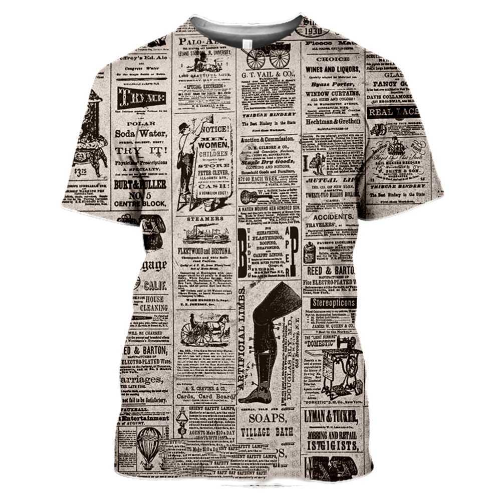 Classic retro old newspaper 3D printed mens T-shirt casual fashion hip-hop funny loose short sleeved street trend top W250224