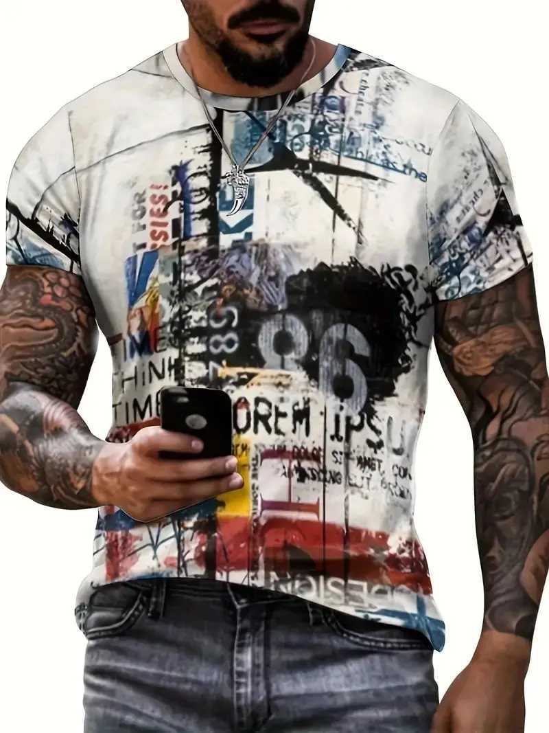 Mens new 3D art graffiti printed T-shirt casual fashion T-shirt street style short sleeved crew collar shirt mens oversized clothing W250224