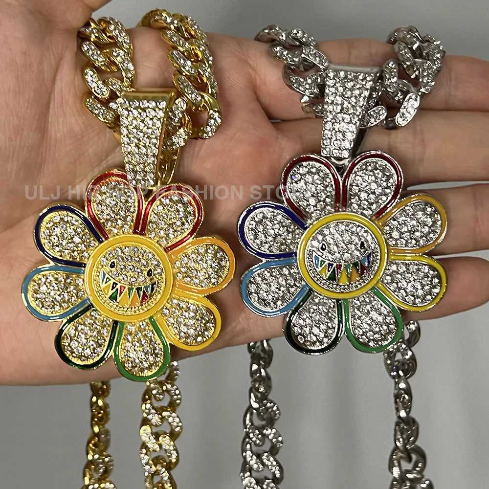 J Hip Hop Men Wen 12mm Cuban Link d Out Chain With Suower Bling Pendant Neccklace Jewelry X250224