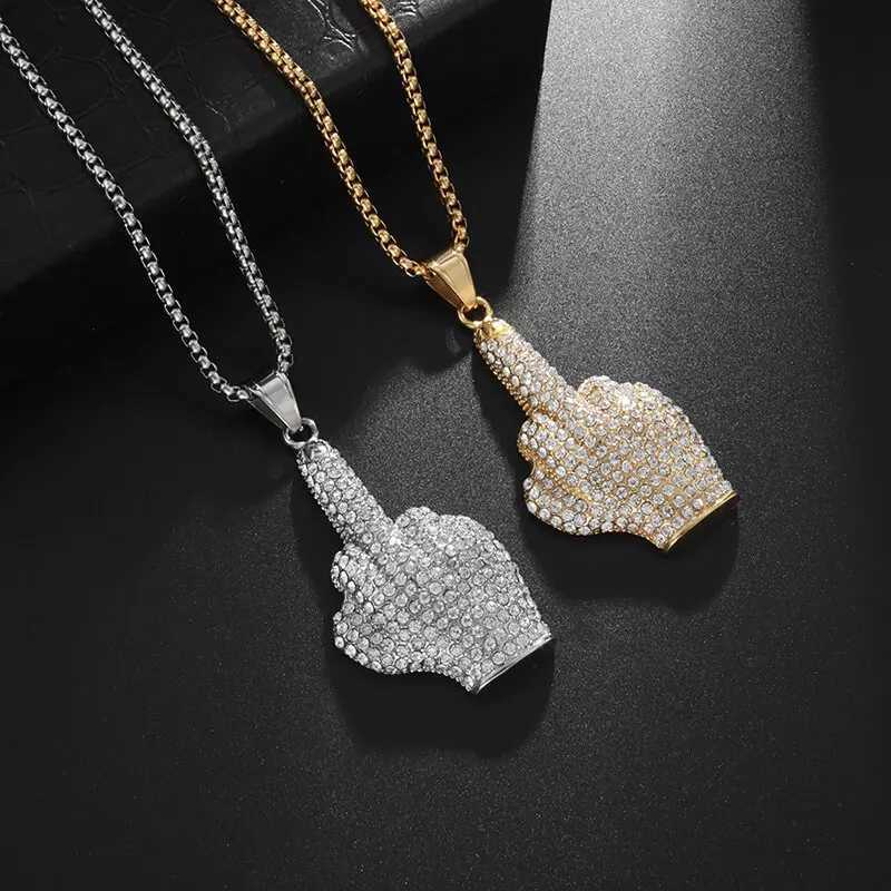New Out Zircon Courtesy Gesture Middle Finger Pendant Necklace Mens Hip Hop Rap Cycling Jewelry Gifts X250224