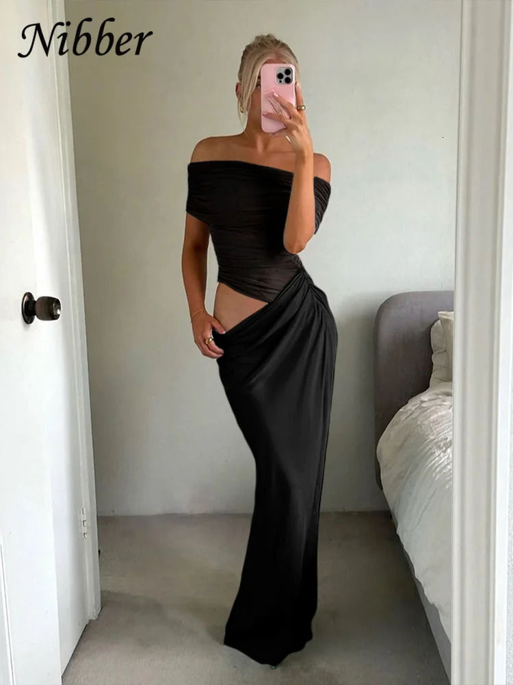 Nibber Ruched Irregular Dress Women Mesh Patchwork Slash Neck Short Sleeve Skinny Stretch Trend Elegant Long Bodycon Outfits 250222