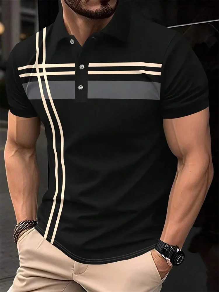 Fashion Stripe Print Polo T Shirt For Men Casual Lapel Loose Short Sleeve Tops Business Golf Clothing Comfortable Trend T-shirt W250224