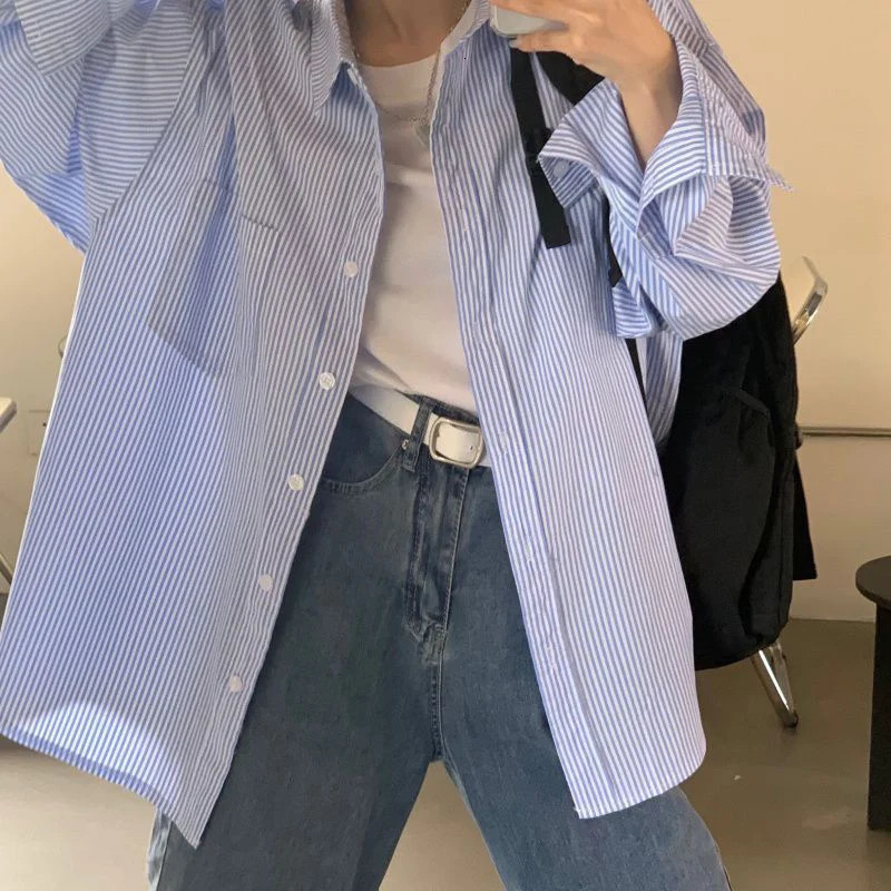 Preppy Style Long Sleeve Blue Striped Shirt Women Korean Fashion Turn Down Collar Loose Blouse Woman Harajuku Streetwear Shirt 250224