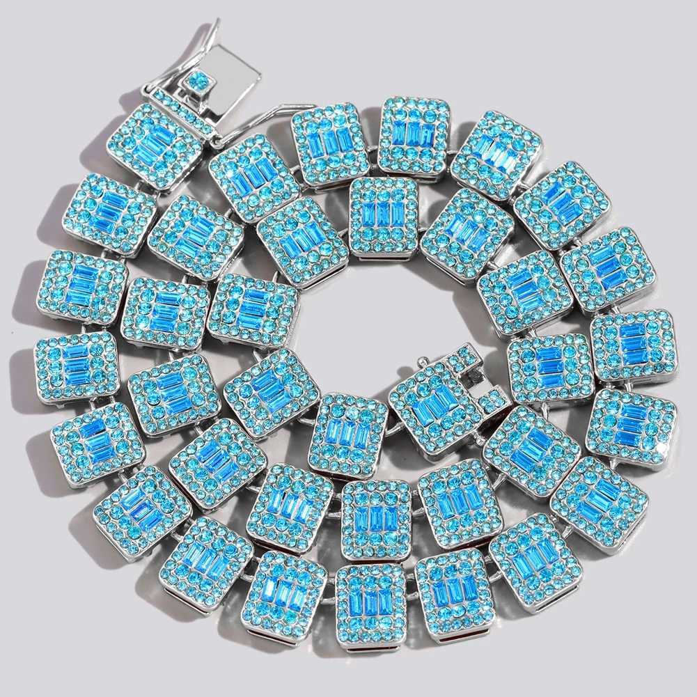 Mens shiny blue bagel tennis Cuban chain necklace mini paving square crystal d outer chain necklace hip-hop jewelry gift X250224