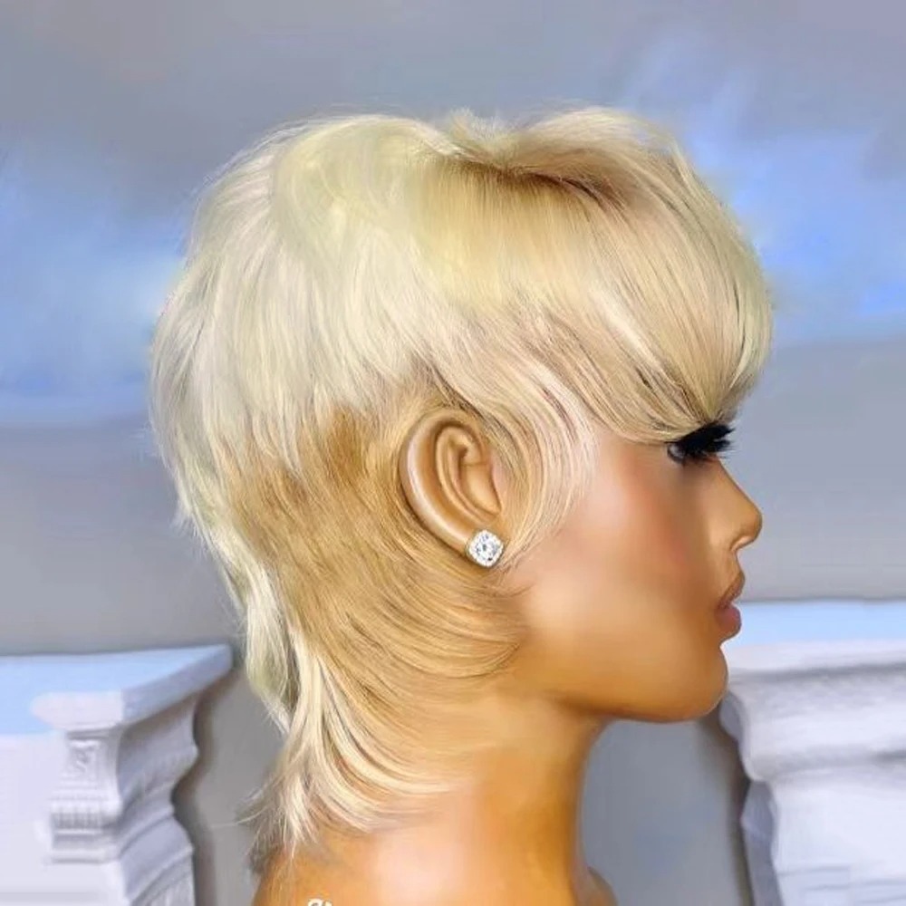 Peruvian Soft 613 Blonde Human Mullet for Women Short Pixie Cut with Bangs Full Lace Layered Hair Wigs Cosplay Party Daily Use Wig