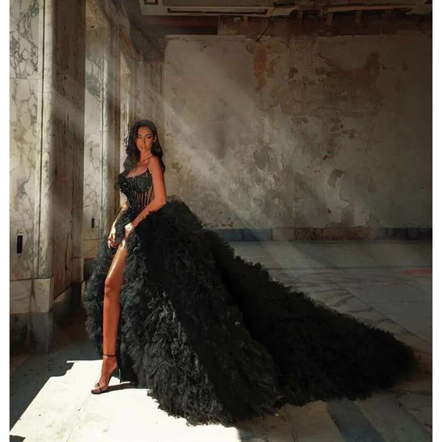 Black Fluffy Prom Dress Sleeveless High Split Tulle Ruffles Crystals Shiny Women Long Evening Formal Gowns Robe De Soiree Vestidos Feast
