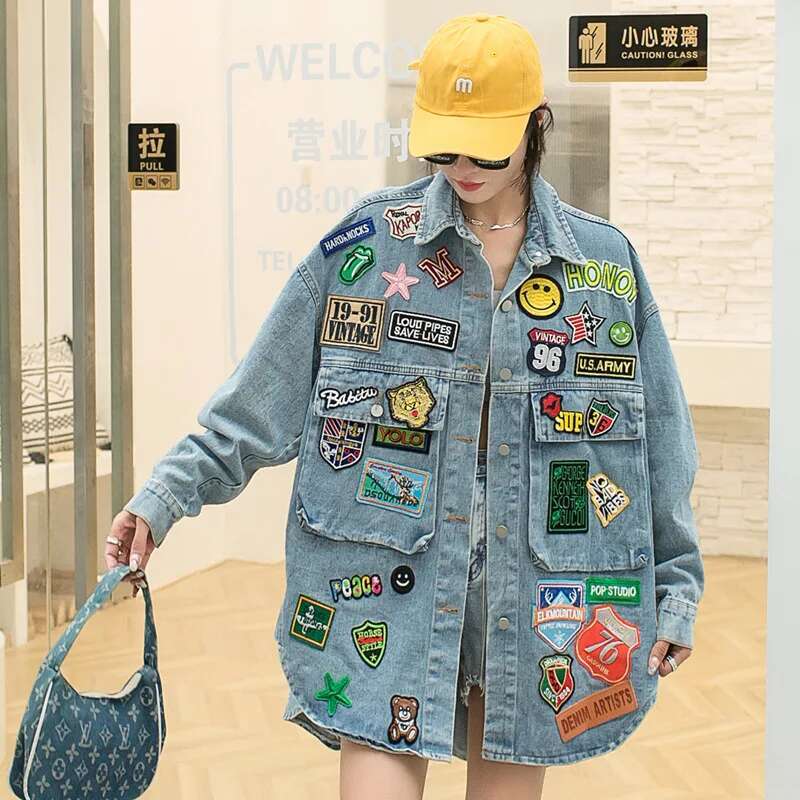 Fashion Embroidery Patches Denim Jacket Coat Women designer clothing Haruku Streetwear Hip Hop Trend Loose Jean Jackets Outerwear