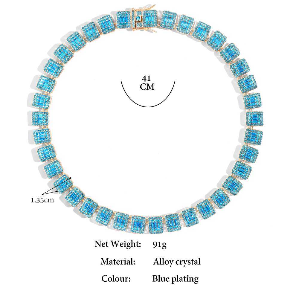 Mens shiny blue bagel tennis Cuban chain necklace mini paving square crystal d outer chain necklace hip-hop jewelry gift X250224