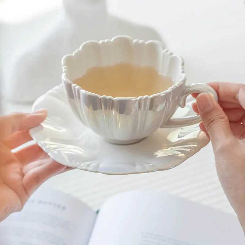Pearl Petal Coffee Cup Office Afternoon Tea High-end Beverage Cup Creative Minimalist Ceramic Cup Juice Cup SetC250224