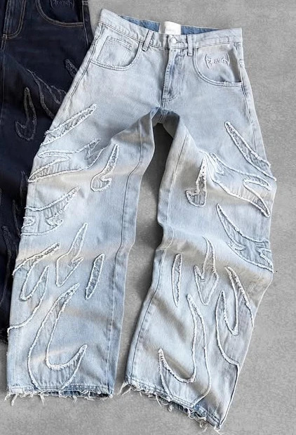 Street Reaven Jeans Y2K Clothing Mens Womens Harajuku Hip Hop Tear Embroidery Retro Aged Baggy Jeans Low Waist Wide Foot Pants 250221