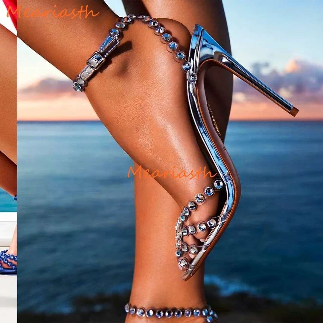 Sexy Peep Toe Rhie PVC Crystal Sandals Women Summer Stilettos High Heels Ankle Strap Dia 2022 New Big Size Party Shoes