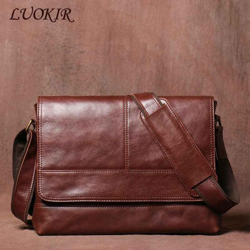 LUOKIR Vintage Genuine Leather Men's Crossbody Cowhide Shoulder Briefcase Classic Flap Messenger Bag For 12.9 Inch Ipad